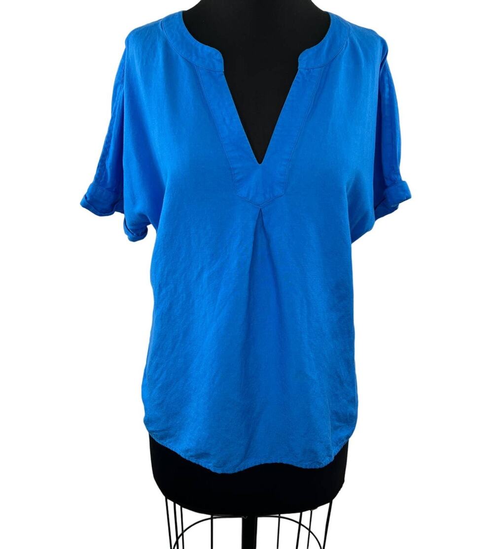 VINEYARD VINES Women's Blue Linen Blend Short Sleeve Split Neck Blouse Size 12